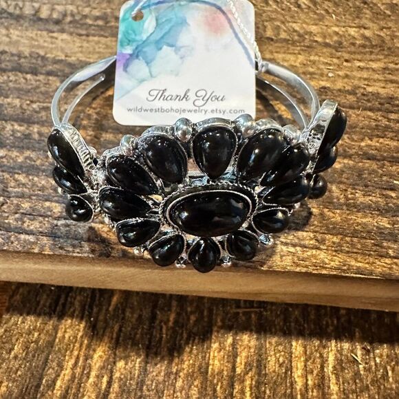 Handmade Boho Black Gemstone Open Cuff Bangle Bracelet, Gift Box - Picture 1 of 4